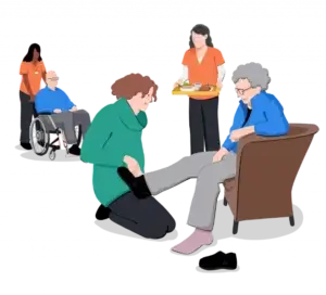 Carers with patients delivering food, pushing a wheelchair and putting an elderly ladies shoes on.