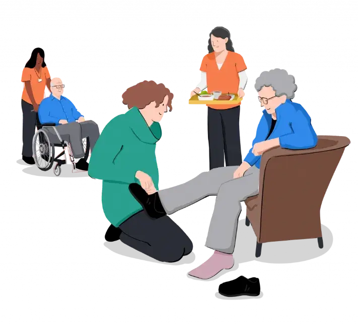 Carers with patients delivering food, pushing a wheelchair and putting an elderly ladies shoes on.