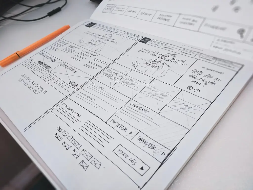 Image of a wireframe in a sketchbook.